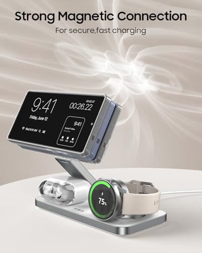 3 in 1 Foldable Magnetic Wireless Charging Station for Samsung, Wireless Charger Stand for Galaxy S26 Ultra S25/S24 /Note 20/Flip 7/Fold 7, for Galaxy Watch Ultra/8/7/6,Galaxy Buds 3/3 Pro - color: White