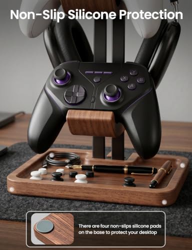 LOXP Walnut Headphone and Controller Stand, 2-in-1 Holder with Storage | Solid Wood Gaming Headphone Stand, Built-in Storage, Non-Slip, Fits Xbox PS5 Switch Controllers, Desktop Organizer for Gamers