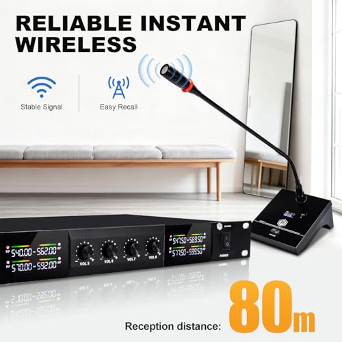 W IN-MIX Wireless Conference Microphone System, 8 Channel Wireless Podium Microphone,8 Gooseneck Mics Adjustable Frequency Super-Low Background Noise for Lecture, Church, Conference, Public Speaking