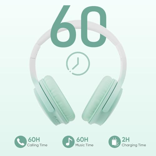 Wireless Headphones, Bluetooth Over Ear Headsets with Microphone, Hi-Fi Audio, 60H Playtime, Touch Control, Foldable Lightweight, On-Ear Headphones for Girls Women, Travel, Work, - color: Mint Green