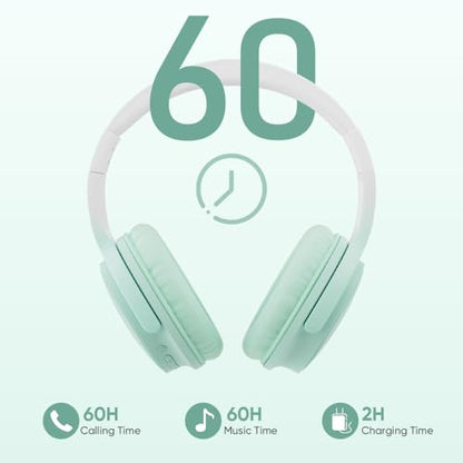 Wireless Headphones, Bluetooth Over Ear Headsets with Microphone, Hi-Fi Audio, 60H Playtime, Touch Control, Foldable Lightweight, On-Ear Headphones for Girls Women, Travel, Work, - color: Mint Green