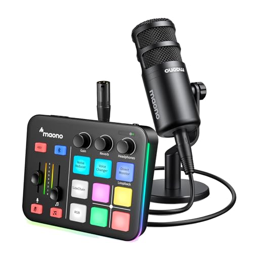 MAONO Gaming Audio Mixer & XLR Dynamic Microphone, Audio Interface with Pro-preamp, RGB, Bluetooth, 48V Phantom Power for Live Streaming, Podcasting, Content Create, Gaming