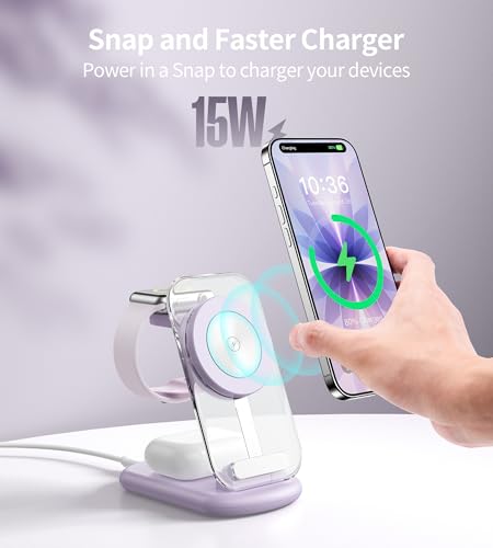 3 in 1 Magnetic Wireless Charging Station for Apple Devices | Fast Travel Charger Stand with Night Light for MagSafe-enabled iPhone 17 16 15 14 13 12 Series, Apple Watch/AirPods Pro, PU - color: Purple