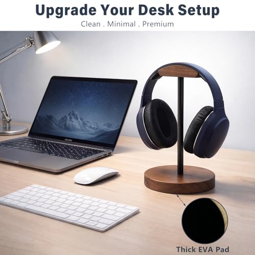 Wood & Metal Headphone Stand, Headset Holder for Desk, Desktop Gaming Headphone Hanger with Stable Non-Slip Bamboo Base, Universal Earphone Stand for Gaming, Office, Home, Gift - color: Black walnut