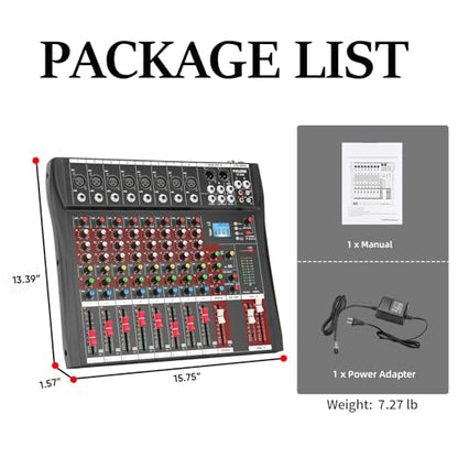 FULUODE Audio Mixer 8 Channel, CT-80S Professional Sound System Mixer Board DJ Mixing Console with Reverb MP3 Player Bluetooth 48V Phantom Power Supply USB Recording for Studio Karaoke Live Music