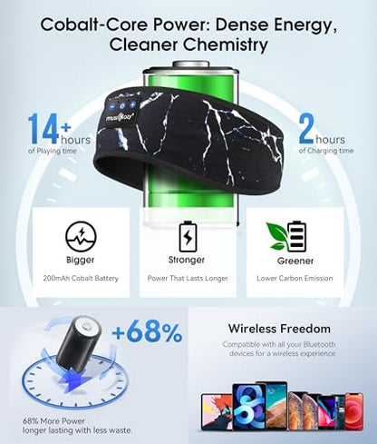 MUSICOZY Bluetooth 5.4 Sleep Headphones Headband Sports Wireless Audio | Earbuds 2 in 1 Design with Breathable Stretch Fabric, HD Stereo Sound Speakers for Workout Yoga Running, Nighttime Sleep Use - color: Marbling Black
