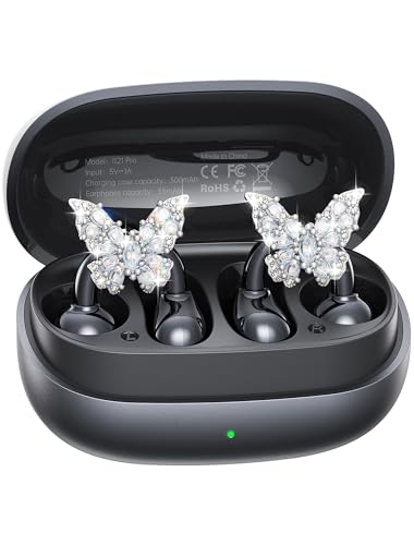 Kinglucky Gen2 Clip-On Earbuds with Butterfly Earrings, Black | Charge & Store Without Removing Earrings, Comfortable Fit, 50H Playtime, Open-Ear Bluetooth Headphones, For Women, Small Ears - color: Black