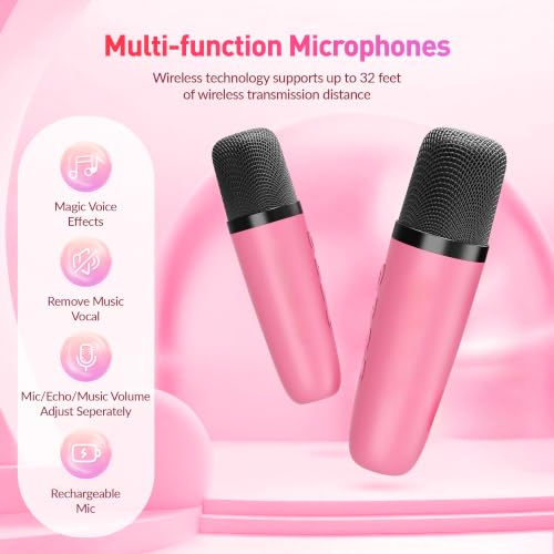 Mini Karaoke Machine with 2 Wireless Microphones for Kids Adults,Portable Bluetooth Karaoke Speaker with Party Lights,Christmas Birthday Gifts for Girls Ages 4, 5, 6,7, 8, 9, 10,12+ Family Home Party - color: Hotpink