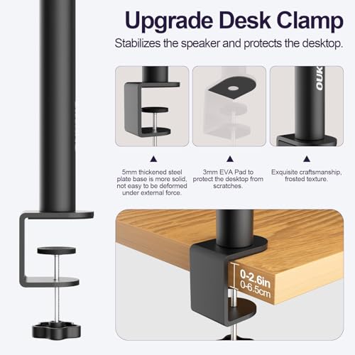 Clamp On Desktop Studio Monitor Speaker Stands Pair | Tilt & Height Adjustable, Heavy Duty, Universal Fit, for Music Booth, Subwoofer, Surround Sound, Bookshelf & Laptop