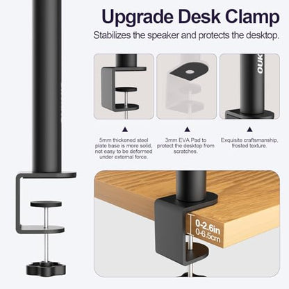 Clamp On Desktop Studio Monitor Speaker Stands Pair | Tilt & Height Adjustable, Heavy Duty, Universal Fit, for Music Booth, Subwoofer, Surround Sound, Bookshelf & Laptop