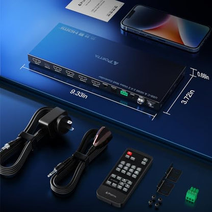 PORTTA 2x2 HDMI or USB-C Video Wall Controller 4K 60Hz, Video Wall Processor with 11 Splicing Modes, RS232, 180° Rotate, Audio Extractor, 2x2,1x2,1x3,1x4,2x1,3x1x4x1, 4 tv Screens into 1 Wall Display - style: 4K@60Hz 2X2 Video Wall