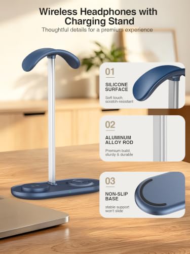 3 in 1 Headphone Stand, Airpod Max Charger Stand with 15W Wireless Charger | Headset Holder for AirPods Max 2/Pro/iWatch/Vision Pro, Charging for iPhone 17/16/15/14/13/12/11/X, Aluminum Alloy Rod, Blue