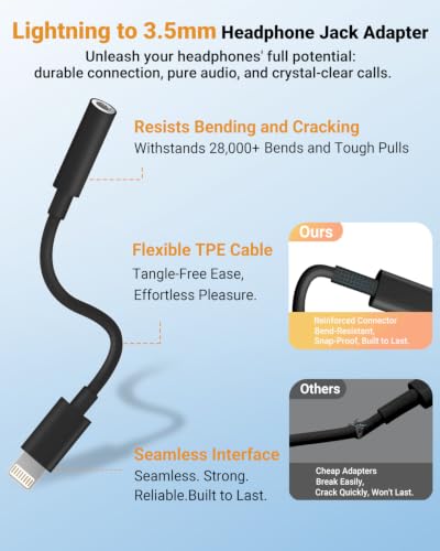 Lightning to 3.5mm Headphone Jack Adapter [Apple MFi Certified] Hi-Fi Stereo Sound, Full Function Control, Compatible with iPhone 14/13/12/11/X/8 & More – for Music, Calls & Car AUX Black 1Pack - color: Black