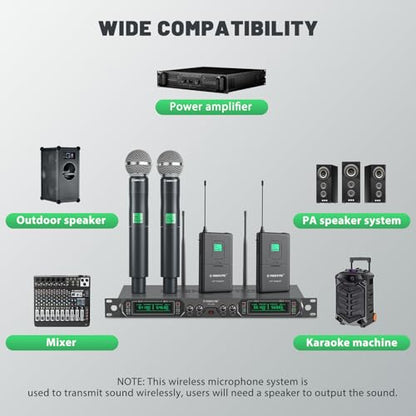 Phenyx Pro 4-Ch UHF Fixed Frequency Wireless Microphone PTU-5000-2H2B | 2 Handheld Mics, 2 Bodypacks, Headset/Lapel Mics, Metal Build, 260 ft Range, Church Services, DJ Sets
