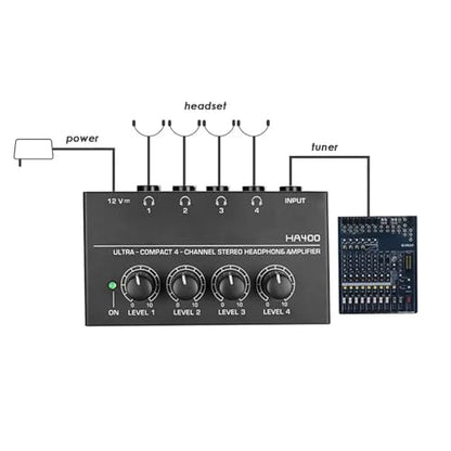 DC 12V 4-CH Stereo Headphone Audio Amplifier with 6.35MM Outputs Lossless Sound Independent Volume Control