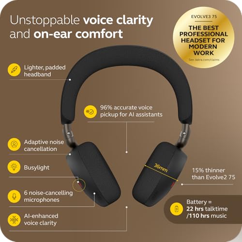 Jabra Evolve3 75 On-Ear Wireless Bluetooth Headset with Microphone, Black - color: Black, style: All Platforms
