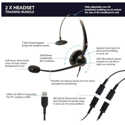 Project Telecom USB-A & USB-C, 2 Users, Monaural Noise Cancelling, Headset Splitter Training Supervising Coaching Bundle - Compatible with Microsoft Teams, Zoom, Cisco Webex, VoIP Apps - style: Monaural