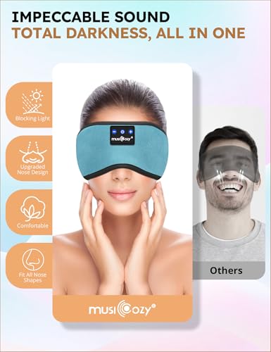 MUSICOZY Sleep Headphones Bluetooth 5.4 Sleep Eye Mask with HD Speakers | Soft Cotton Fabric, Flat Design, 14 Hours Playtime, Washable Headband Style for Side Sleepers, Travel Meditation Relaxation - color: Light Blue