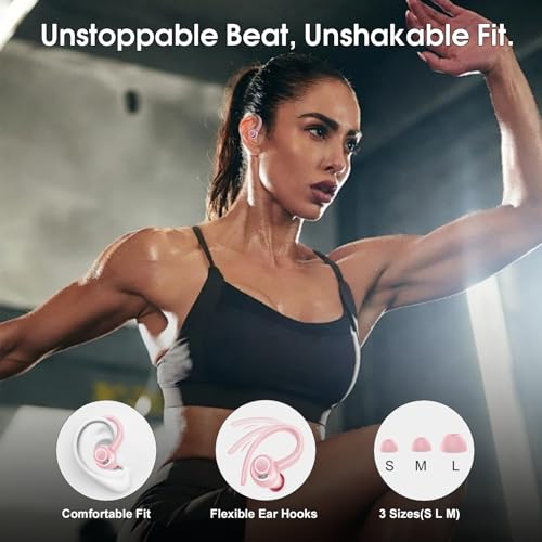Wireless Sports Earbuds with Earhook, 48H Deep Bass/ENC Mic Ear Buds Rose | Wireless Earphone with LED Display, Bluetooth 5.3 Headphones In Ear, IPX7 Waterproof Over Ear Buds for Running/Workout - color: Rose