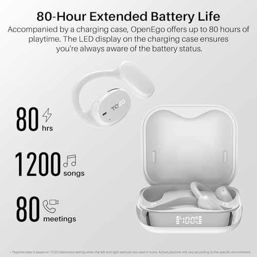 TOZO OpenEgo Open Ear Earbuds 80H Bluetooth 5.3 Headphones Sport Earbuds | Open Ear Structure with Earhooks, 32 EQ Modes, Digital LED Display,HD Clear Calls, Comfort Wear For Running, Travel, Office - color: Snow White