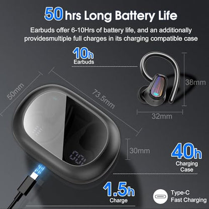 Wireless Earbuds Bluetooth 5.4, 50H Playtime Sport Earphones with Earhooks, HiFi Stereo Bluetooth Hearphones with ENC Noise Cancelling Mic, IPX7 Waterproof Over the Ear Buds for Gym/Running/Workout