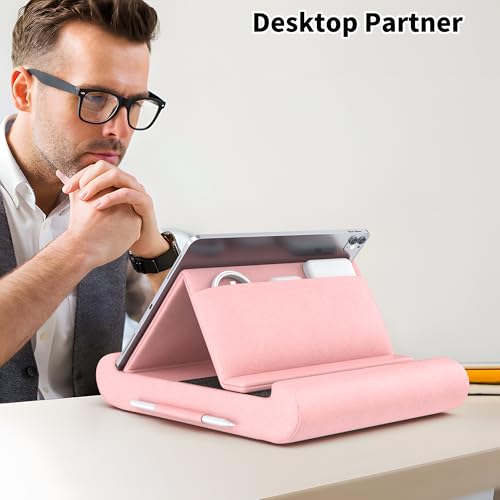 Tablet Pillow Stand, Foldable Tablet Holder for Lap, Bed, Soft Pillow Pad | with Pocket and Stylus Mount, for 4-13" Tablets, Like iPad Pro 11, 13, Air, Mini, Kindle, Galaxy Tab, Pink - color: Pink