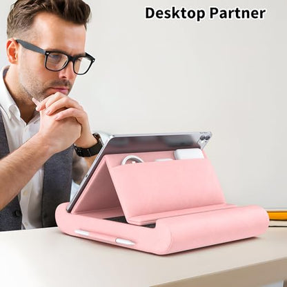 Tablet Pillow Stand, Foldable Tablet Holder for Lap, Bed, Soft Pillow Pad | with Pocket and Stylus Mount, for 4-13" Tablets, Like iPad Pro 11, 13, Air, Mini, Kindle, Galaxy Tab, Pink - color: Pink