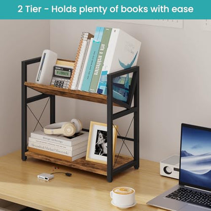 ELITEROO Desktop Bookshelf, 2 Tier Desk Shelf Organizer, Wooden Tabletop Bookcase, Small Desk Top Book Rack for Office, Home, Bedroom, Small Space Storage and Display, Rustic Brown - color: Rustic Brown
