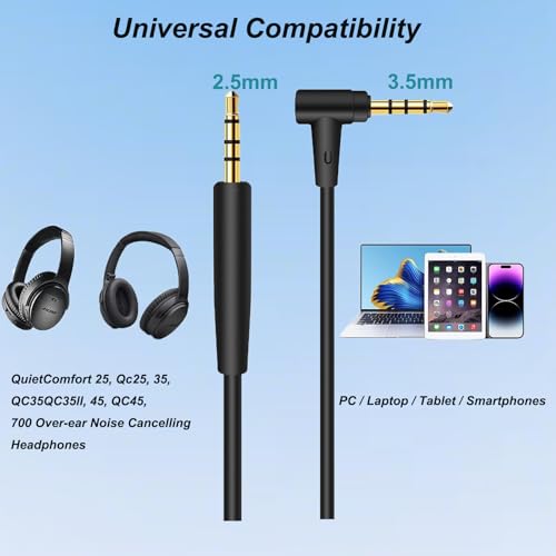 Replacement Audio Cable Cord for Bose QuietComfort QC45 QC35II QC35 QC25 NC 700 Soundlink Soundtrue Headphones Aux Wire 3.5mm to 2.5mm On-Ear Headphones Wire Inline Mic/Remote Control – Black