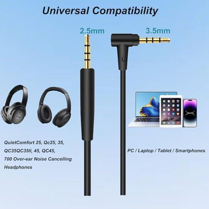 Replacement Audio Cable Cord for Bose QuietComfort QC45 QC35II QC35 QC25 NC 700 Soundlink Soundtrue Headphones Aux Wire 3.5mm to 2.5mm On-Ear Headphones Wire Inline Mic/Remote Control – Black