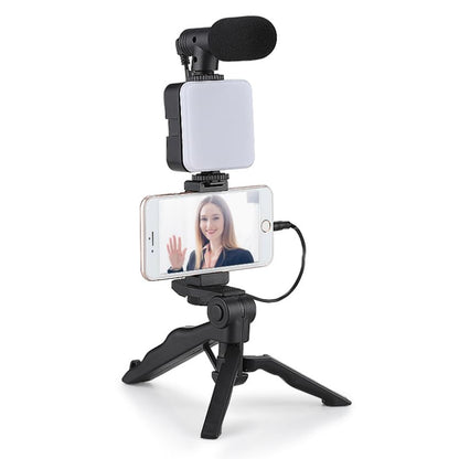 HuaerHui Vlogging Starter Kit with Mini LED Video Light + Shotgun Microphone + Universal Cellphone Holder Clip + Pistol Grip Tripod Compatible with Smart Phones/Cameras