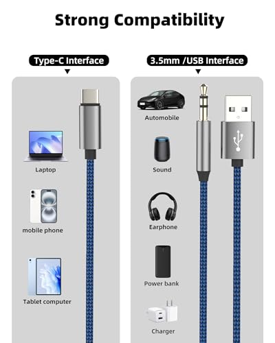 USB C Male to 3.5mm Audio USB Charging Male Cable(2in1) Stereo Sound AUX Cable iPhone 16 15 Pro Max Type C Car Auxiliary Adapter Compatible for Samsung S25 Android Earphone Charger Connector