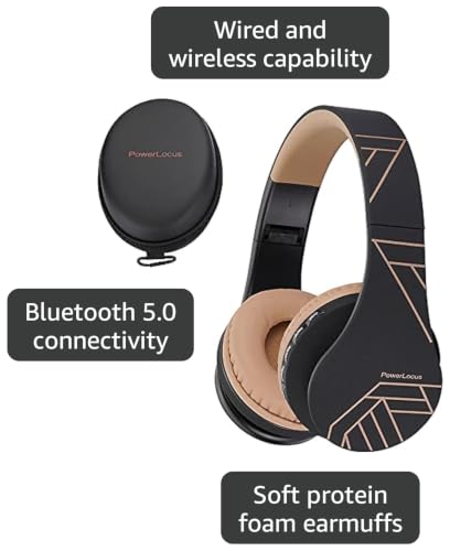 PowerLocus Wireless Bluetooth Over-Ear Stereo Foldable Headphones, Wired Headsets Rechargeable with Built-in Microphone for iPhone, Samsung, LG, iPad (Black/Brown) - color: Black/Brown
