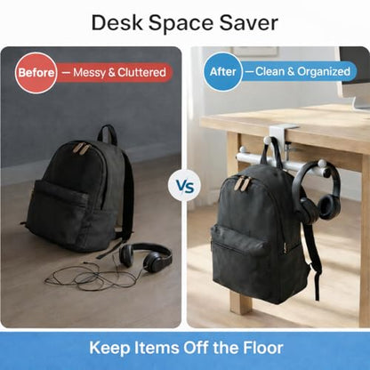 3-Hook Desk Bag Hanger, Purse Hook for Desk, Backpack Hanger Office Use | Fits 0.39-1.57 in. desk or shelf thicknesses; tool-free clamp and non-slip pads hold headphones plus a backpack or lunch bag. - color: White