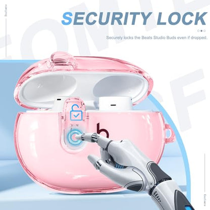for Beats Studio Buds/Studio Buds Plus Case Cover with Lock, Clear Pink | Protective Cover for New Beats Studio Buds + Wireless Earbuds Case with Keychain & Cleaner Kit (2021/2023) - color: Clear Pink+P