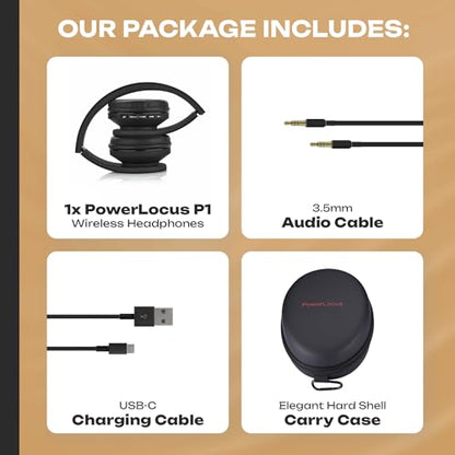 PowerLocus Wireless Bluetooth Over-Ear Stereo Foldable Headphones, Wired Headsets Rechargeable with Built-in Microphone for iPhone, Samsung, LG, iPad (Black) - color: Black