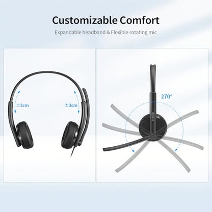 TOALLIN Wired Headset with Noise Canceling Mic, USB Stereo Headphones | Volume Control, One-key Mute & Answer Calls, Work with PC Laptop, Mac, Phone, Call Center and Office