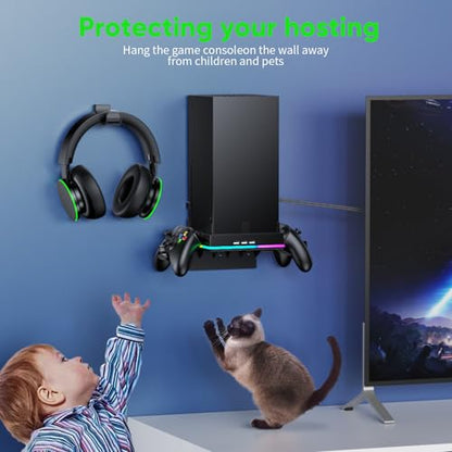 RGB Wall Mount for Xbox Series X -Sturdy Shelf Holder Load Up 10Kg | Integrated Ventilation, RGB Light, 3 USB Port, Prevent Falling, 2 Holder, Headphone Stand & Dust Cover Kit - Wall