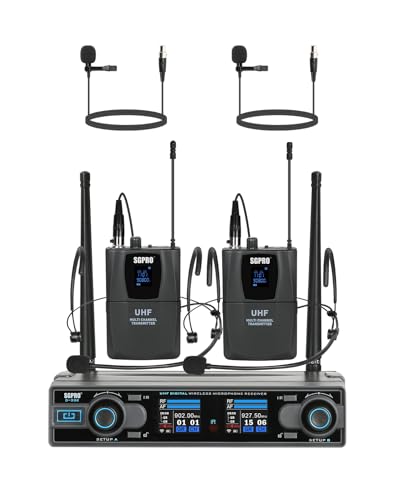 SGPRO D-332BB Dual Wireless Microphone System with Bodypack Mics | 2 bodypack transmitters, 2 headset mics, 2 lavalier mics, Live recording, Singing and speaking