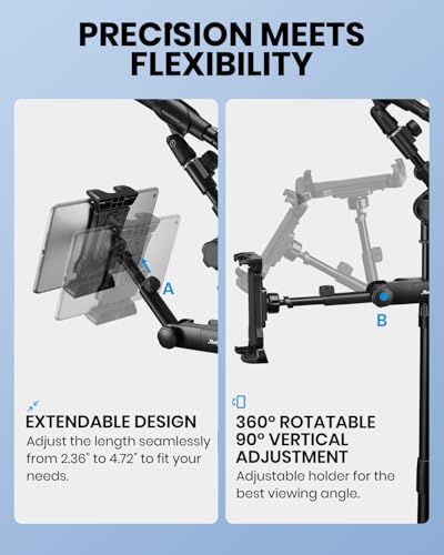 Moukey Adjustable Tablet Holder Clip-on Phone Mount for Mic Microphone Stand Music Stand, Compatible with All 4.7 to 12.9 Inches iPad, iPhone, Android Tablets, Pads, Smartphones