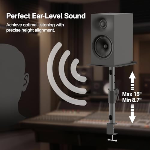 Heavy-Duty Desk Studio Monitor Stand Pair, Height Extend Desktop Speaker Stands, Tilt & Swivel Adjustable 9.3" x 8.9" Plate for KRK, JBL, Klipsch, PreSonus & Polk Audio, Built-in Cable Management
