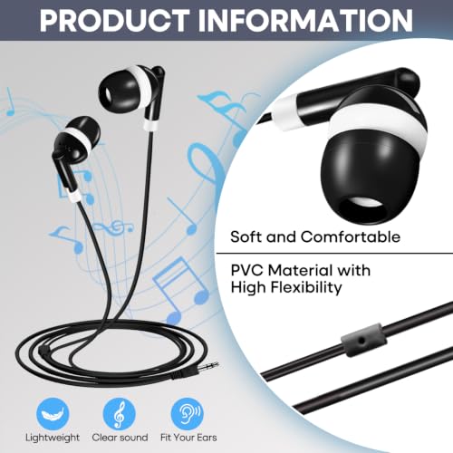 60 Pack Bulk Earbuds Headphones for School Classroom, Wholesale Wired Class Set in-Ear Headphones with 3.5mm Jack for Kids Students Toddler Teens - Individually Bagged (HY01,60 Black)