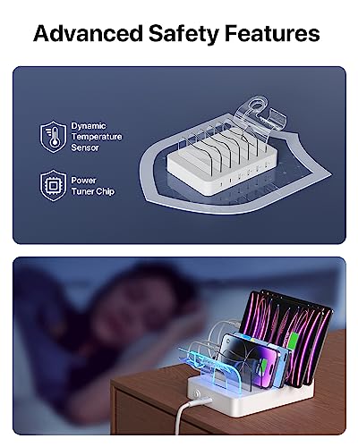 SooPii 6-Port USB C Charging Station for Multiple Devices,2 PD 20W Fast Charging for lPhone 15 and More,6 Charging Cables and 2in1 Holder for IWatch Charger & Air Pods Included