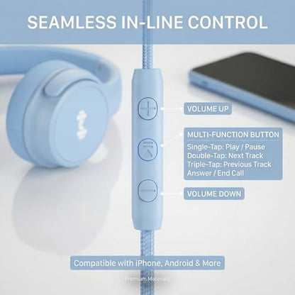 Wired Over-Ear Headphones, Mic, 3.5mm, USB-C Adapter, Blue | Over-ear comfort with inline mic, volume control, 3.5mm jack, and USB-C adapter for phones, laptops, PCs, and tablets. - color: Blue