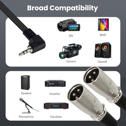 Seadream 3.5mm to Dual XLR Audio Cable, Professional 3.5mm (1/8") Angle Male TRS to 2 XLR Male Y-Splitter Adapter, Black, 90-Degree Connector, Compatible with Cameras, Speakers, Microphones (6FT) - size: 6FT