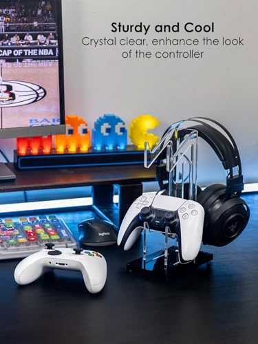 OAPRIRE Headset and Controller Stand, Space-Saving 2 Tier Game Controller Holder, Acrylic Controller and Headset Stand for Desktop, Universal Design Compatible with PS5/PS4/Xbox/Switch (Deep Black) - color: Black, size: 2 Tier-without lights