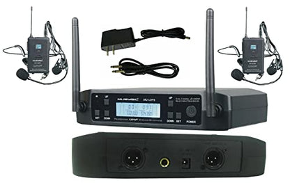 MU-U2F5-LL Dual Channel UHF Microphone System, 2 Bodypacks Headset | , Selectable Frequencies, Auto Scan, IR Sync, Long Range for Church, Fitness, Presentation, School