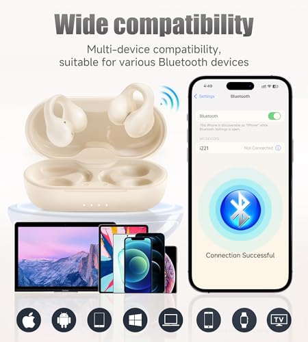 King Lucky i21 Open Ear Clip On Earbuds Wireless Bluetooth Ear Clip Headphones with Mic,Noise Cancelling, Waterproof IPX4,for Small Ears,Perfect for Running,Sports,Glasses Wearers (White) - color: White