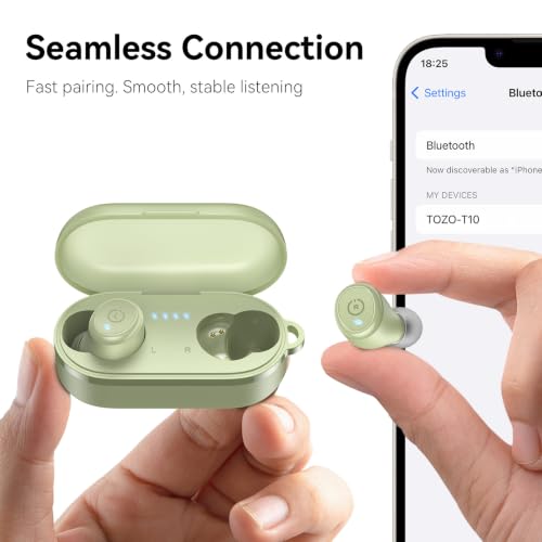 TOZO T10 Wireless Earbuds Powerful Bass Stereo Wireless Charging, APP, IPX8 | Waterproof, 55H Playtime, Ergonomic Design In Ear buds, App Customize EQ, Bluetooth 5.3 Headphones for Work, Travel, Green - color: Light Green