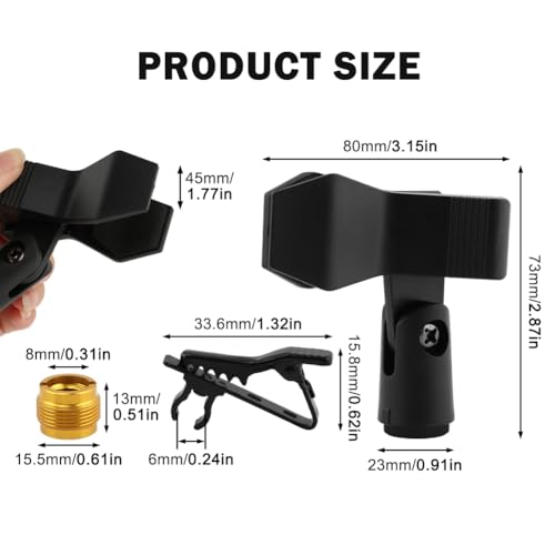 Microphone Clips for Stand Set, Durable Microphone Holders with 5/8" Male to 3/8" Female Screw Adapters, Adjustable Mic Stand Clamps for 1.14–1.26 Inch Mics